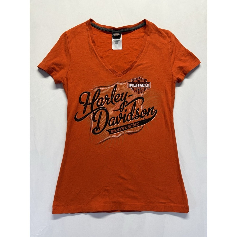 Harley Davidson Women's Orange Script Logo T-Shirt Sm V-Neck Tee St Joe MO‎